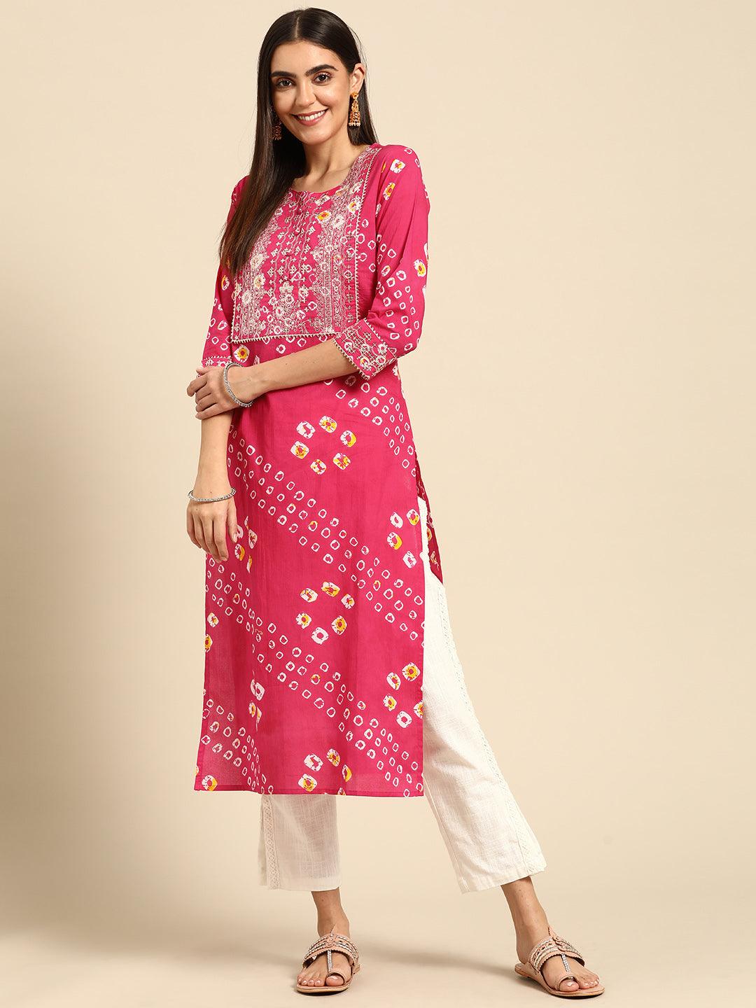 Bandhani Print & Sequins Embroidered Straight Kurta - Pink - Indiakreations