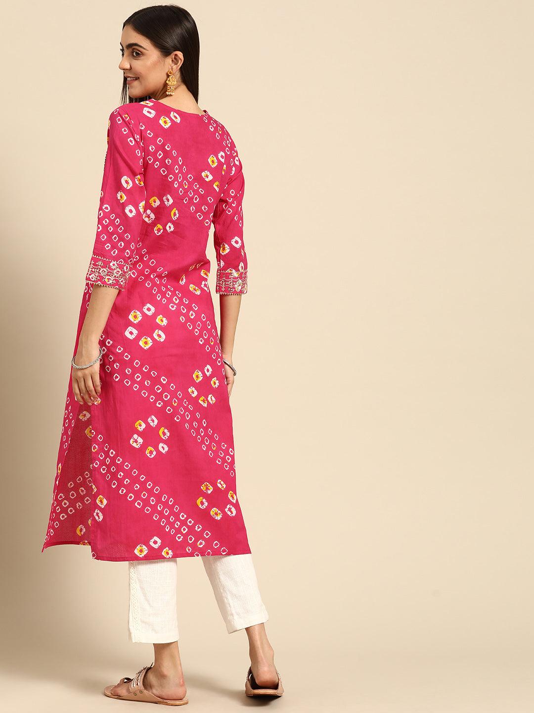 Bandhani Print & Sequins Embroidered Straight Kurta - Pink - Indiakreations