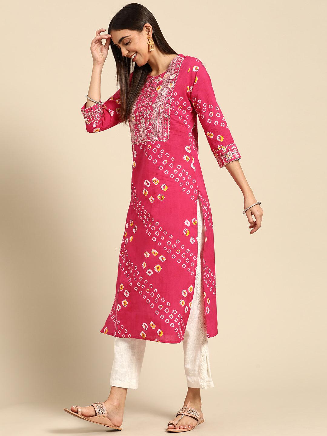 Bandhani Print & Sequins Embroidered Straight Kurta - Pink - Indiakreations