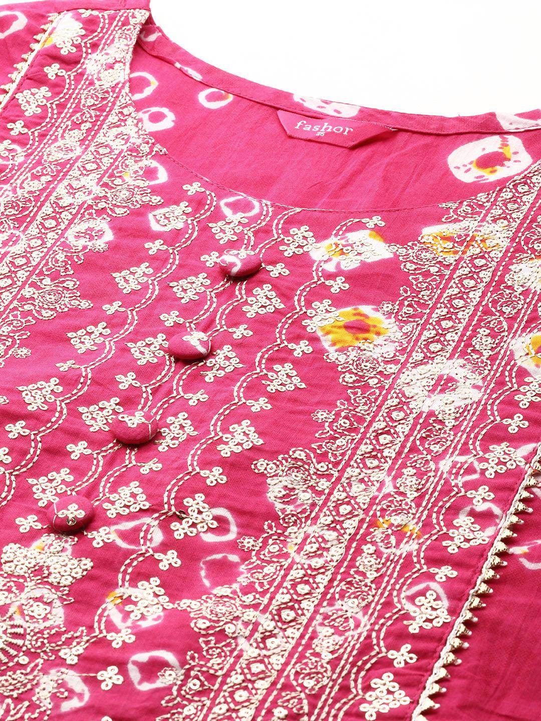 Bandhani Print & Sequins Embroidered Straight Kurta - Pink - Indiakreations