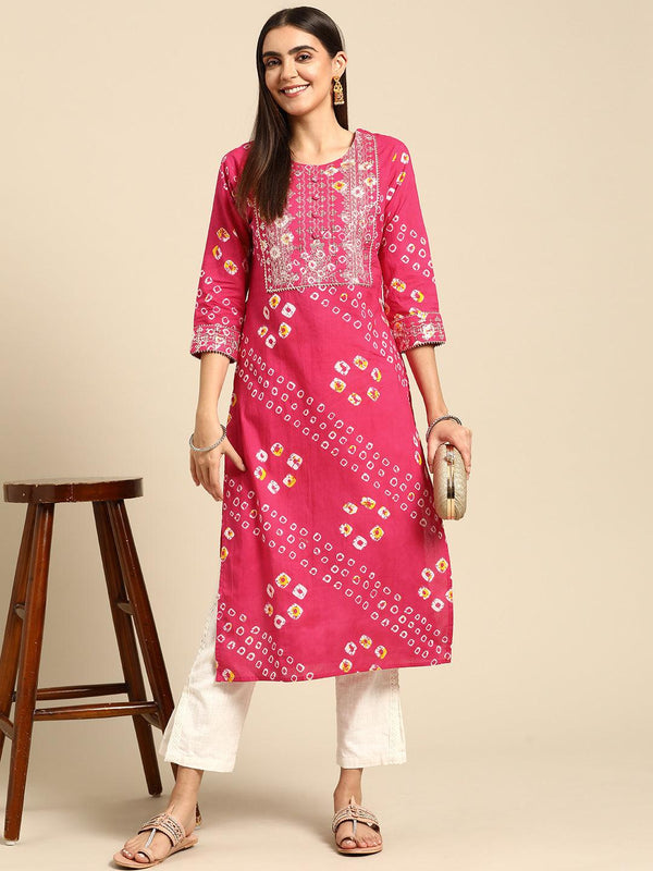 Bandhani Print & Sequins Embroidered Straight Kurta - Pink - Indiakreations