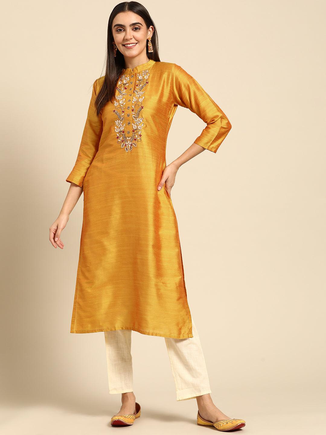 Floral Gota Patti Hand Embroidered Straight Kurta - Mustard - Indiakreations