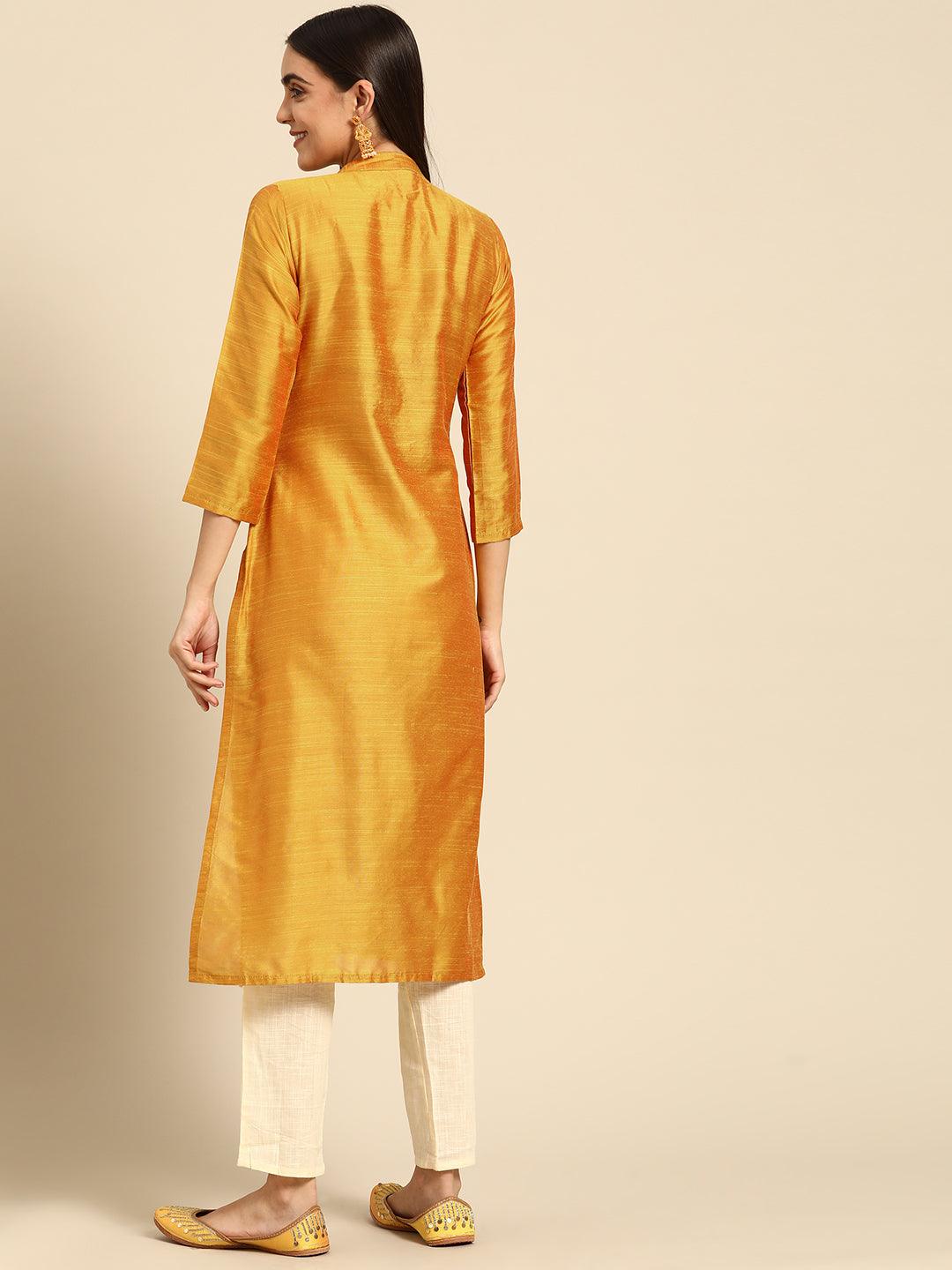 Floral Gota Patti Hand Embroidered Straight Kurta - Mustard - Indiakreations