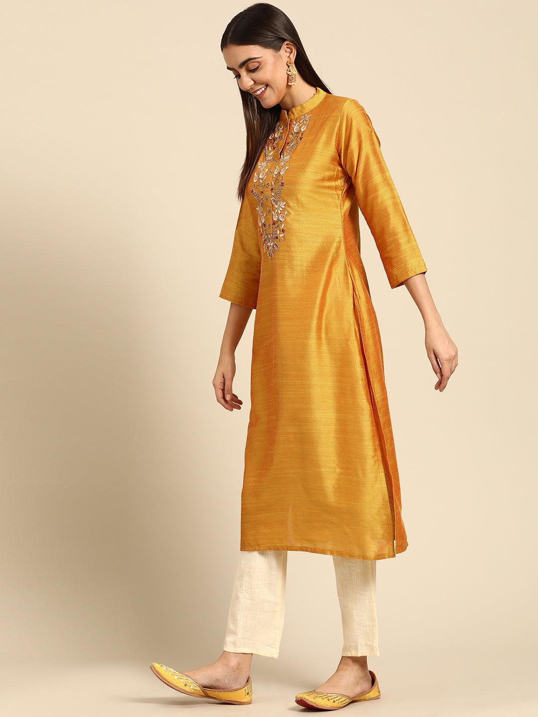 Floral Gota Patti Hand Embroidered Straight Kurta - Mustard - Indiakreations