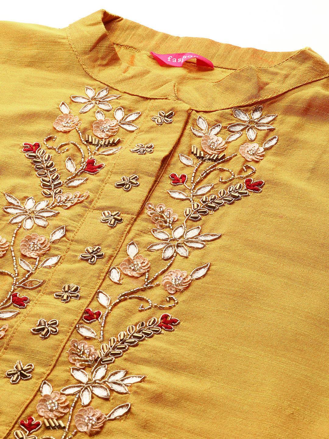 Floral Gota Patti Hand Embroidered Straight Kurta - Mustard - Indiakreations