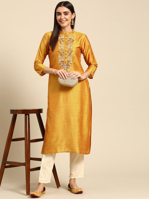 Floral Gota Patti Hand Embroidered Straight Kurta - Mustard - Indiakreations