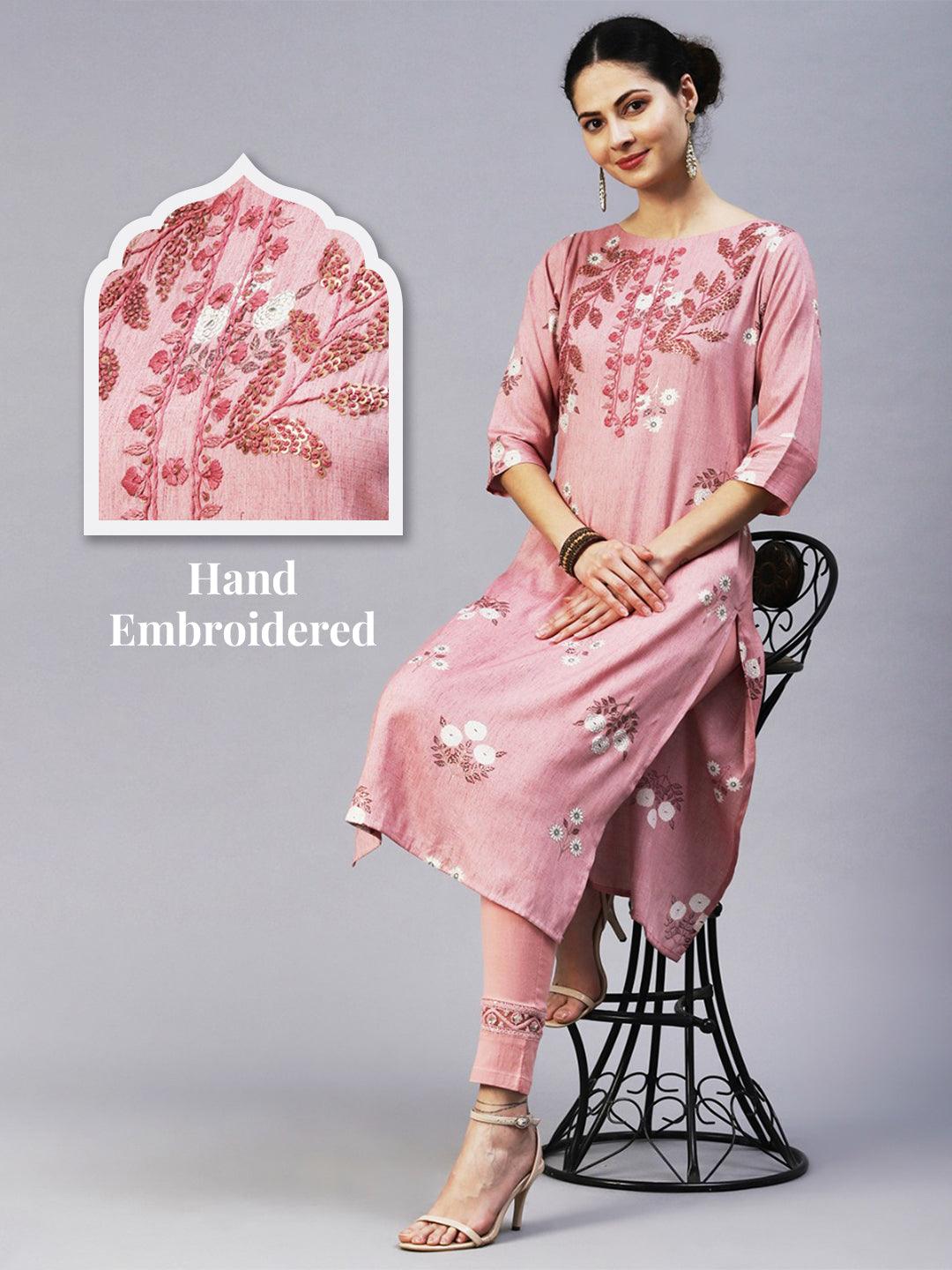 Floral Hand Embroidered Straight Fit Kurta - Mauve - Indiakreations