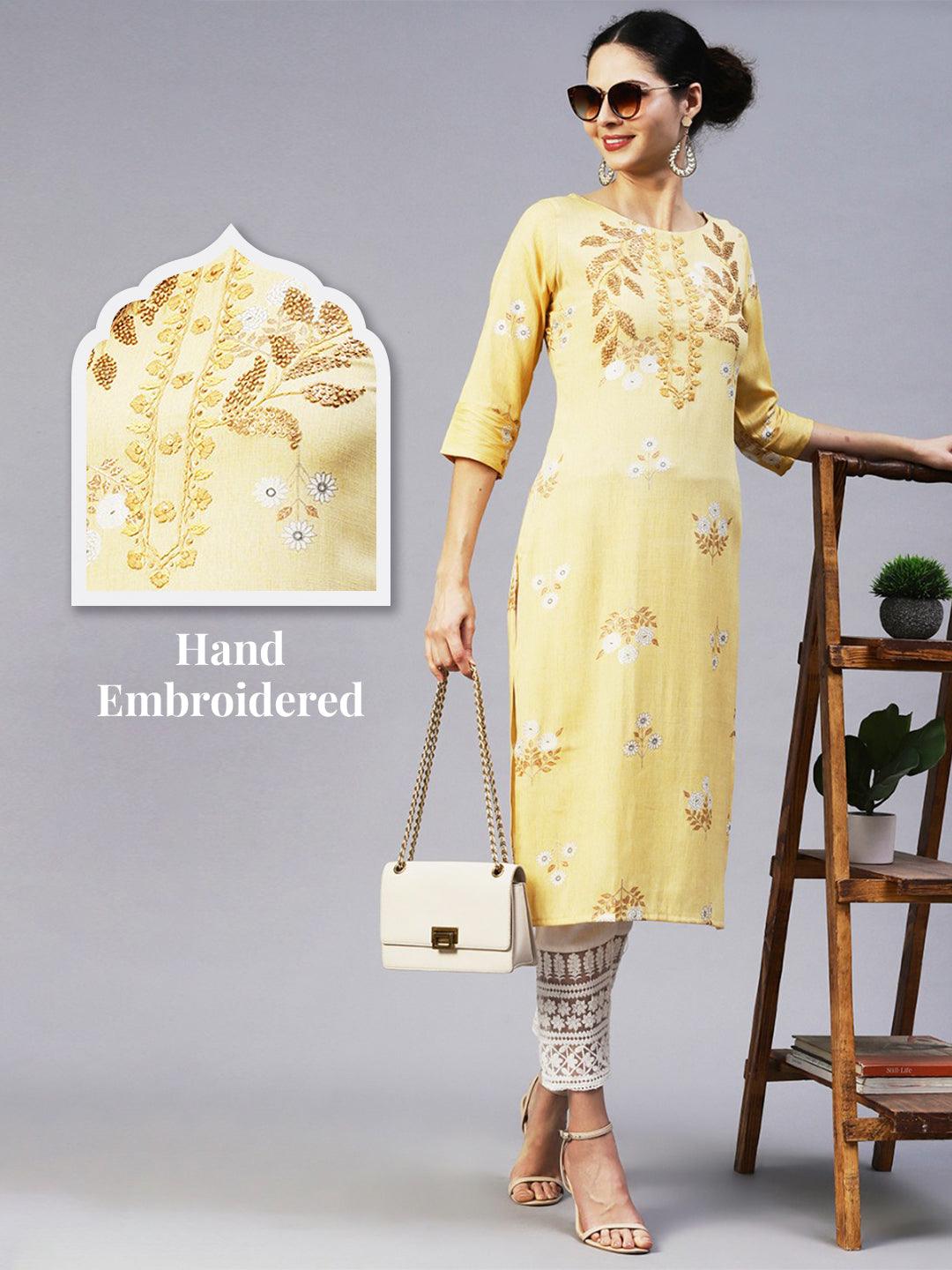 Floral Hand Embroidered Straight Fit Kurta - Yellow - Indiakreations