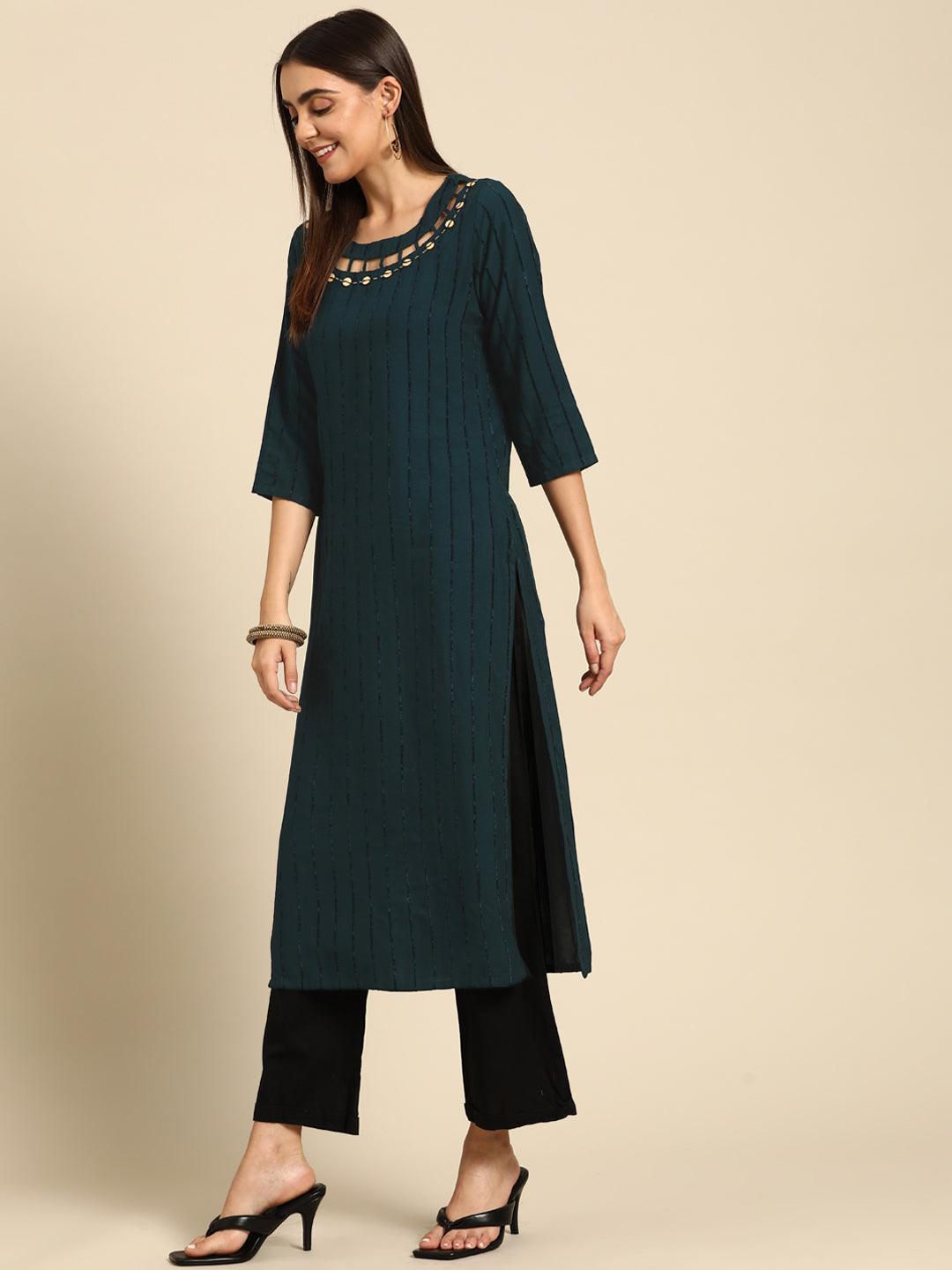 Applique Striped & Embellished Straight Kurta - Teal - Indiakreations