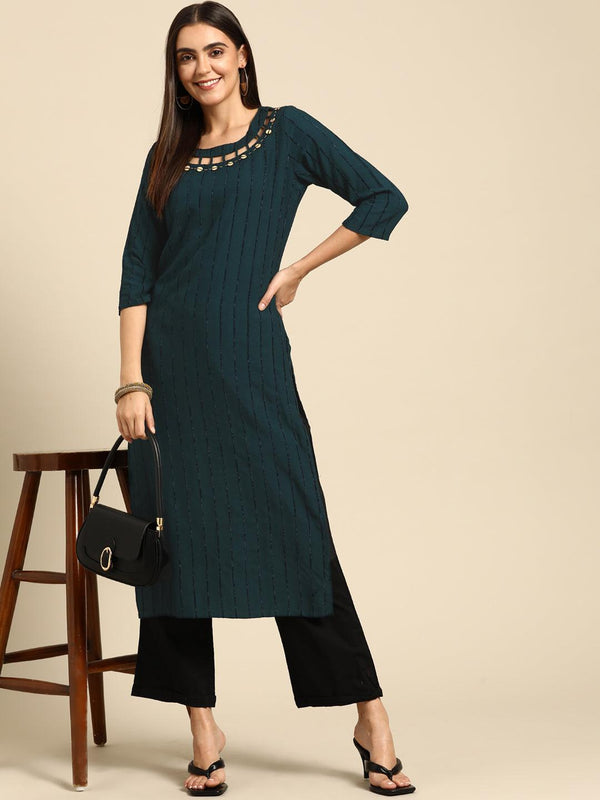 Applique Striped & Embellished Straight Kurta - Teal - Indiakreations