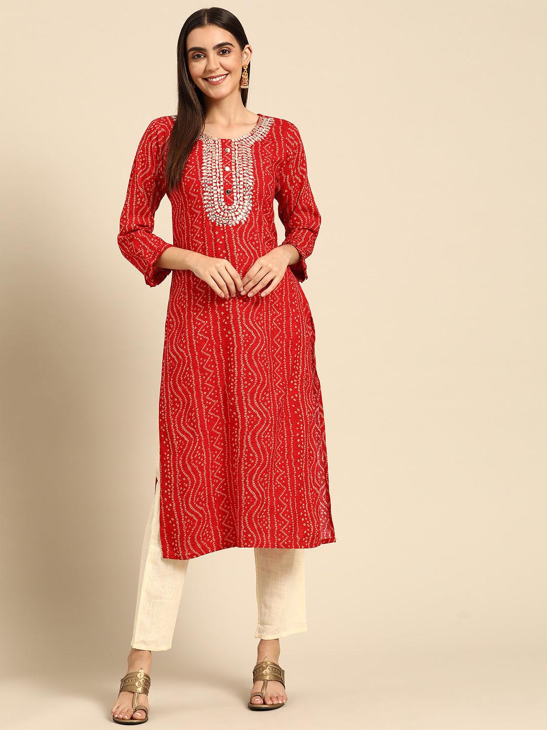 Dense Bandhani Printed & Hand Embroidered Kurta - Red - Indiakreations