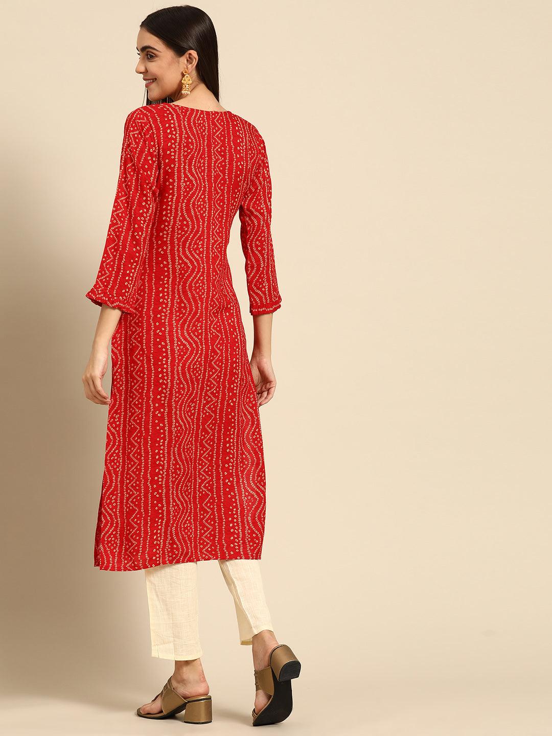 Dense Bandhani Printed & Hand Embroidered Kurta - Red - Indiakreations