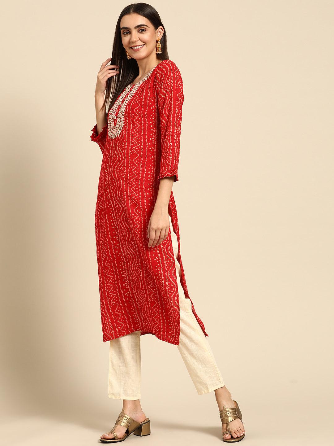 Dense Bandhani Printed & Hand Embroidered Kurta - Red - Indiakreations