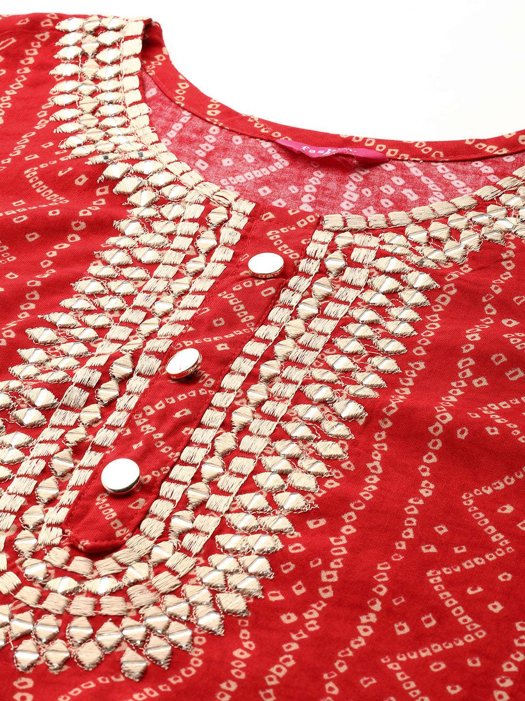 Dense Bandhani Printed & Hand Embroidered Kurta - Red - Indiakreations