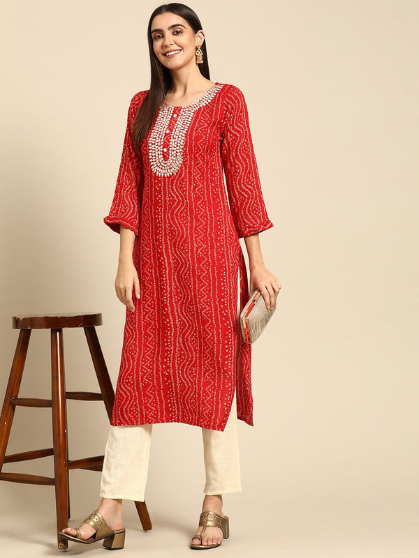 Dense Bandhani Printed & Hand Embroidered Kurta - Red - Indiakreations