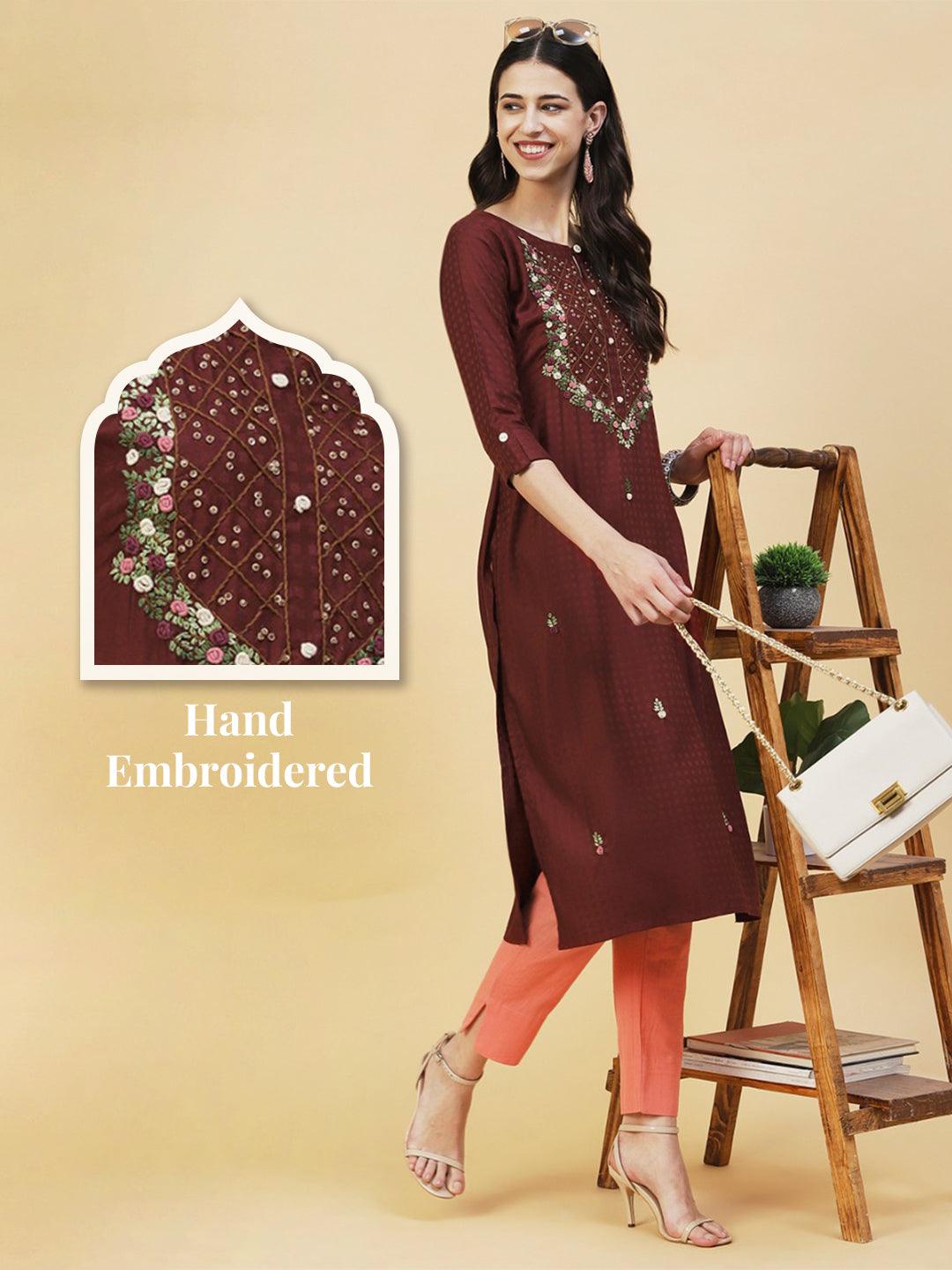 Floral Hand Embroidered Straight Fit Kurta - Brown - Indiakreations