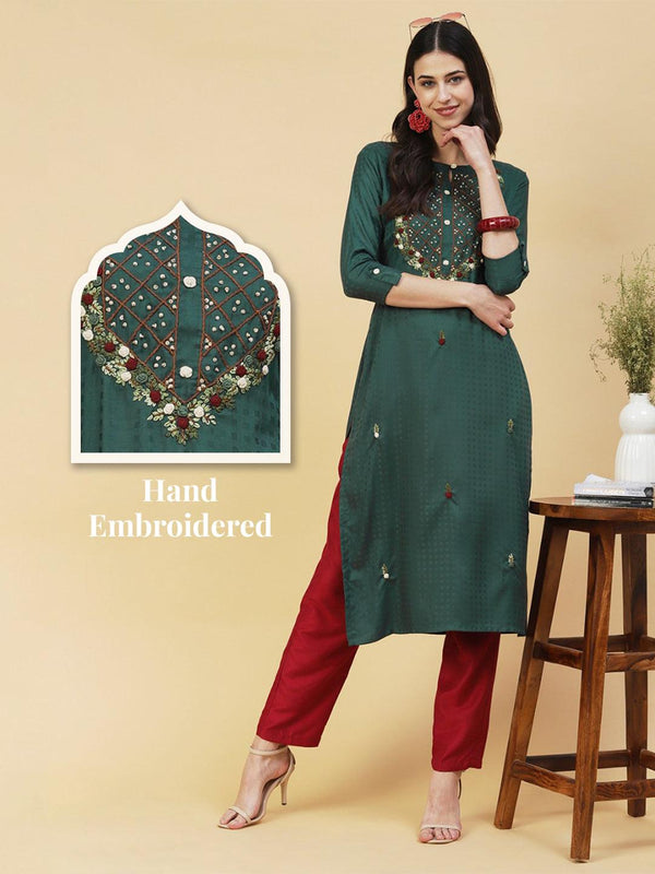 Floral Hand Embroidered Straight Fit Kurta - Green - Indiakreations