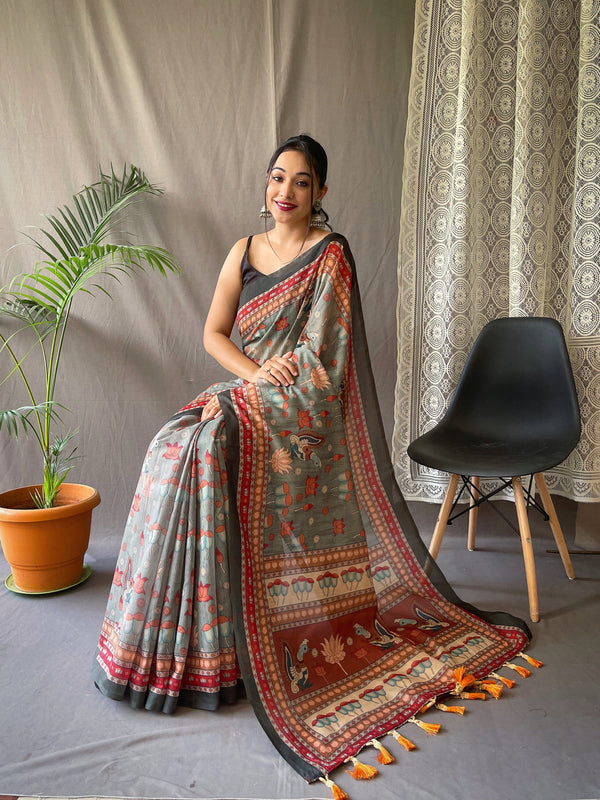 Women's Greenish Grey Color Kadambari Cotton Kalamkari Printed Saree Greenish Grey - TASARIKA