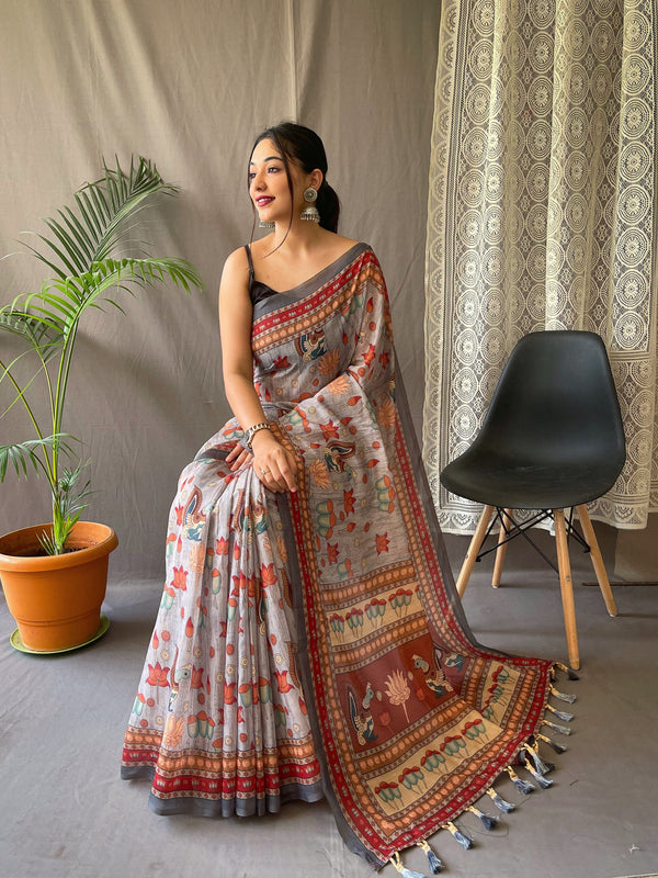 Women's Ash Grey Color Kadambari Cotton Kalamkari Printed Saree Ash Grey - TASARIKA