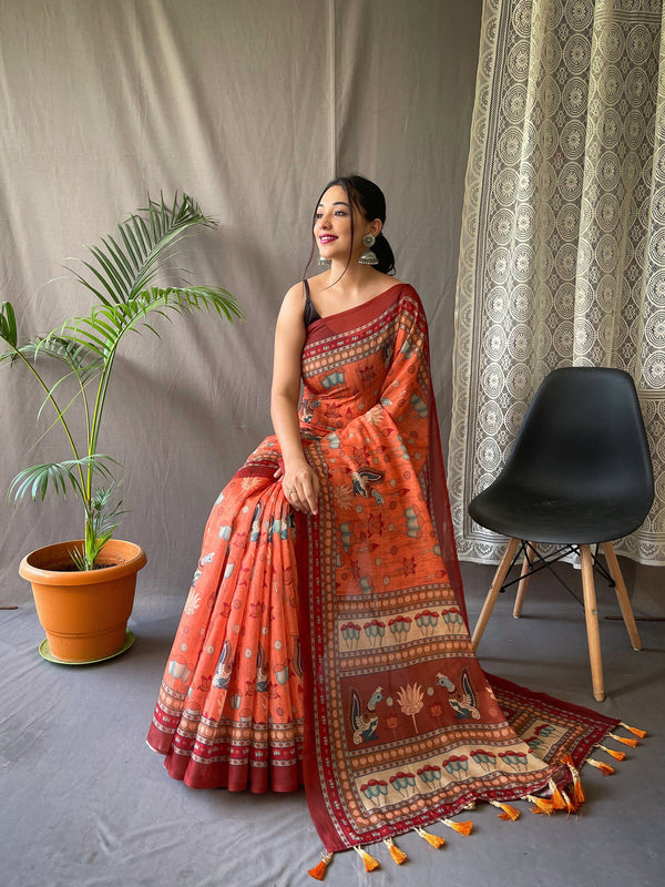 Women's Orange Color Kadambari Cotton Kalamkari Printed Saree Orange - TASARIKA