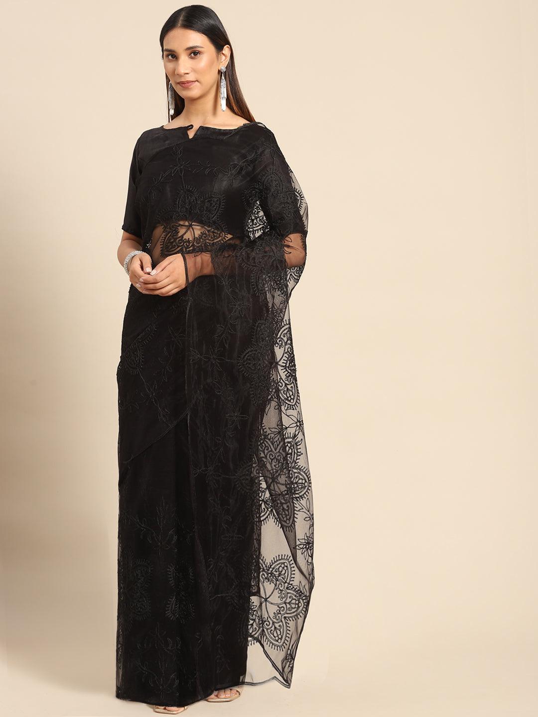 Designer Black Floral Embroidered Net Saree with Blouse Piece - Indiakreations