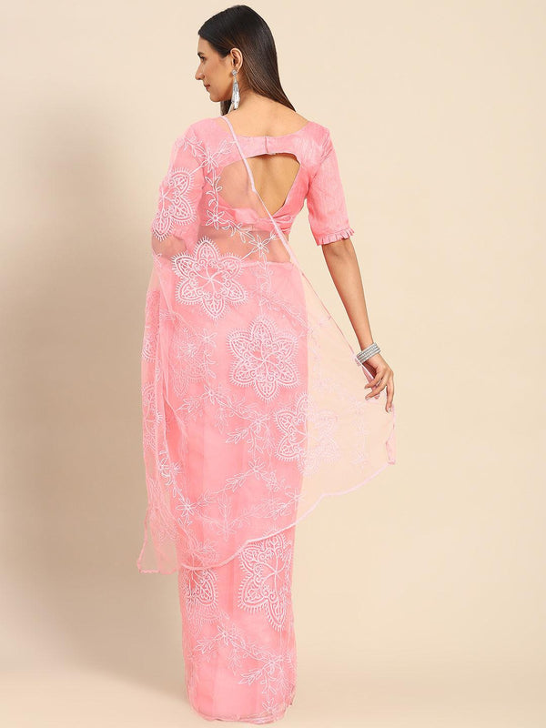 Stylish Floral Embroidered Net Saree In Pink - Indiakreations