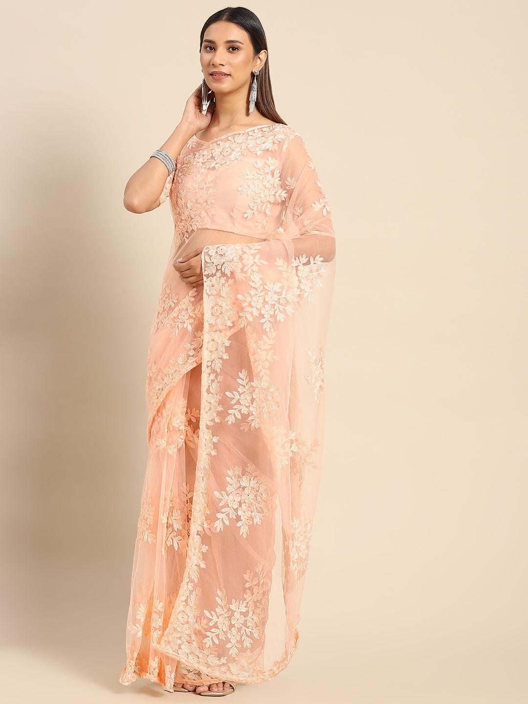 Gorgeous Peach Floral Embroidered Net Saree With Blouse - Indiakreations