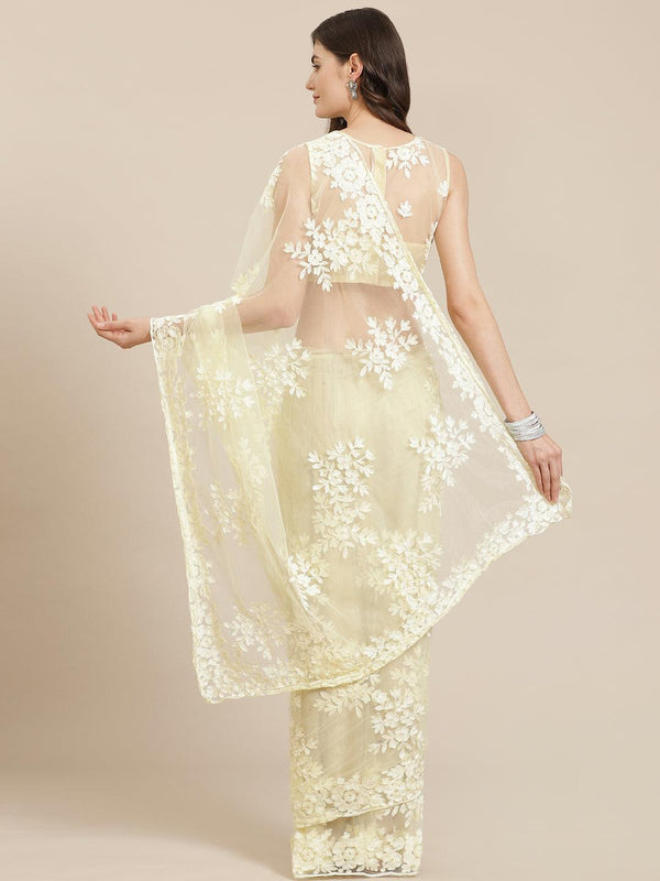 Beautiful Floral Embroidered Net Party Wear Saree In Cream - Indiakreations