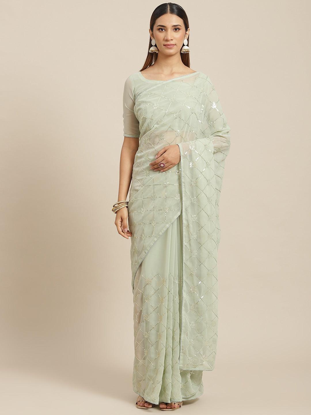 Trendy Designer Sequence Embroidered Georgette Saree In Light Green - Indiakreations