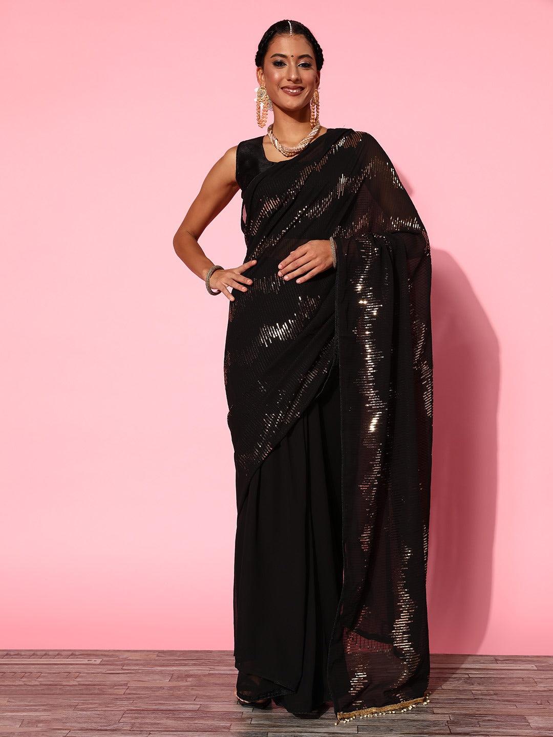 Stylish Trendy Sequence Embroidered Designer Georgette Saree In Black - Indiakreations