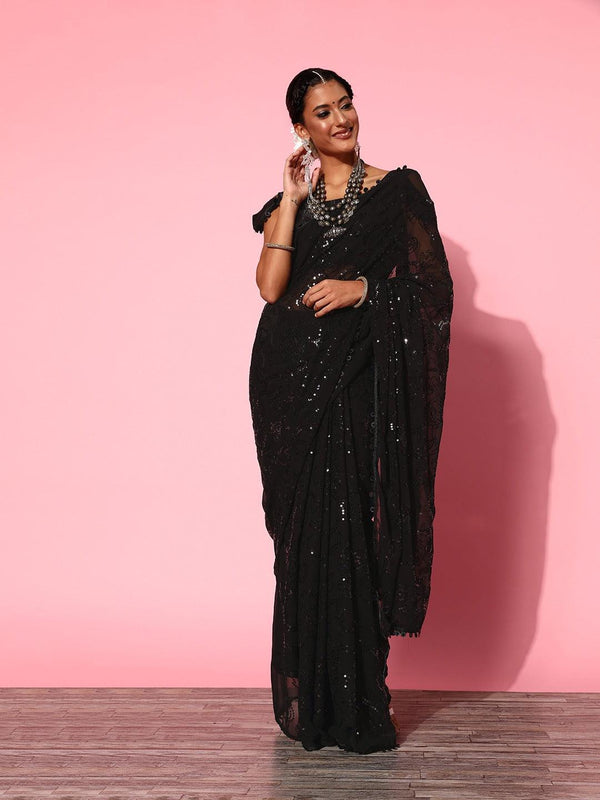 Ravishing Black Designer Embroidered Georgette Saree - Indiakreations