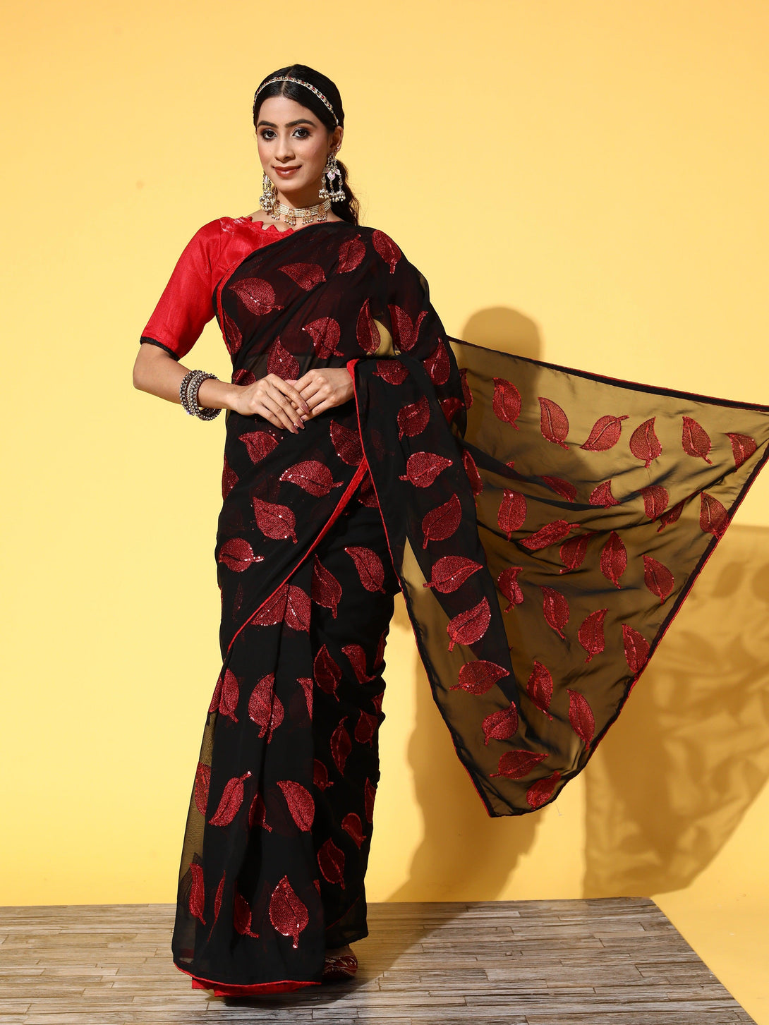 Gorgeous Embroidered Sequence Saree In Black - Indiakreations