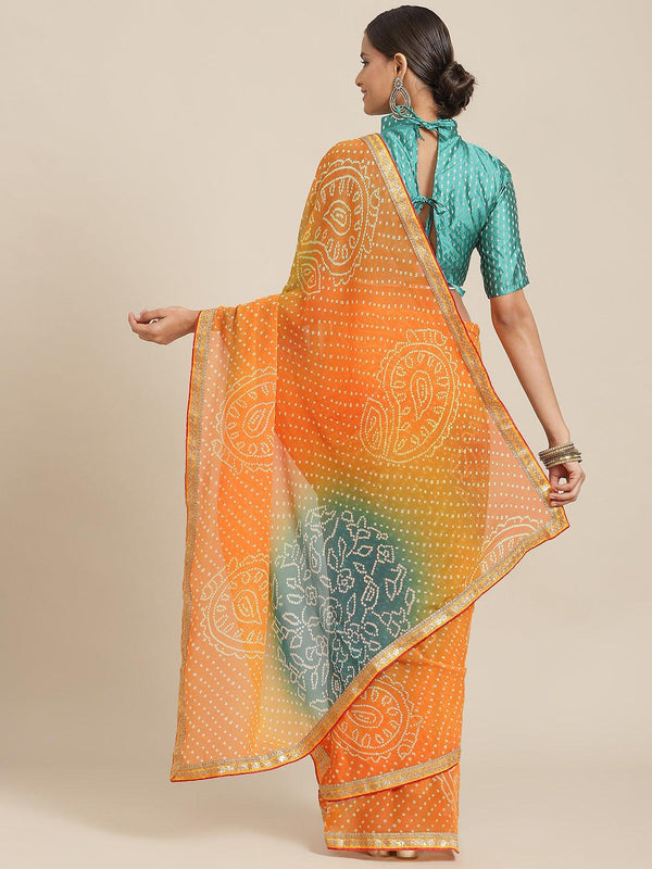 Beautiful Trendy Bandhani Printed Georgette Saree In Orange - Indiakreations