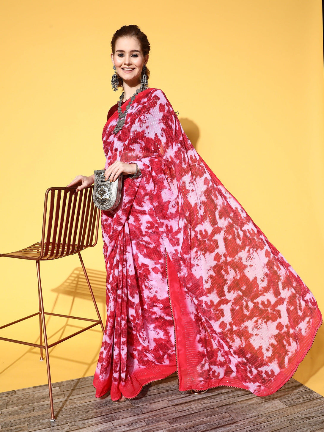 Gorgeous Red Geometric Sequence Georgette Saree With Blouse - Indiakreations