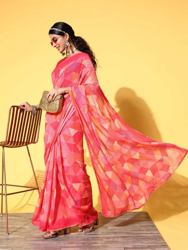 Stylish Designer Sequence Work Georgette Saree With Blouse In Light Red - Indiakreations