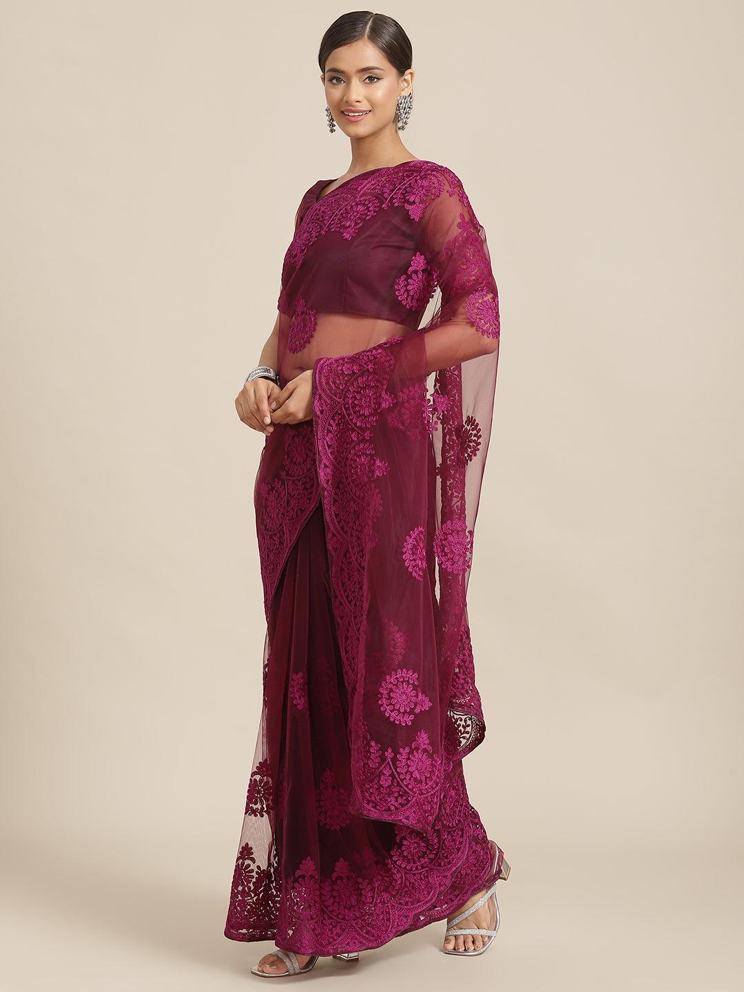 Stylish Purple Floral Embroidered Net Saree With Blouse - Indiakreations