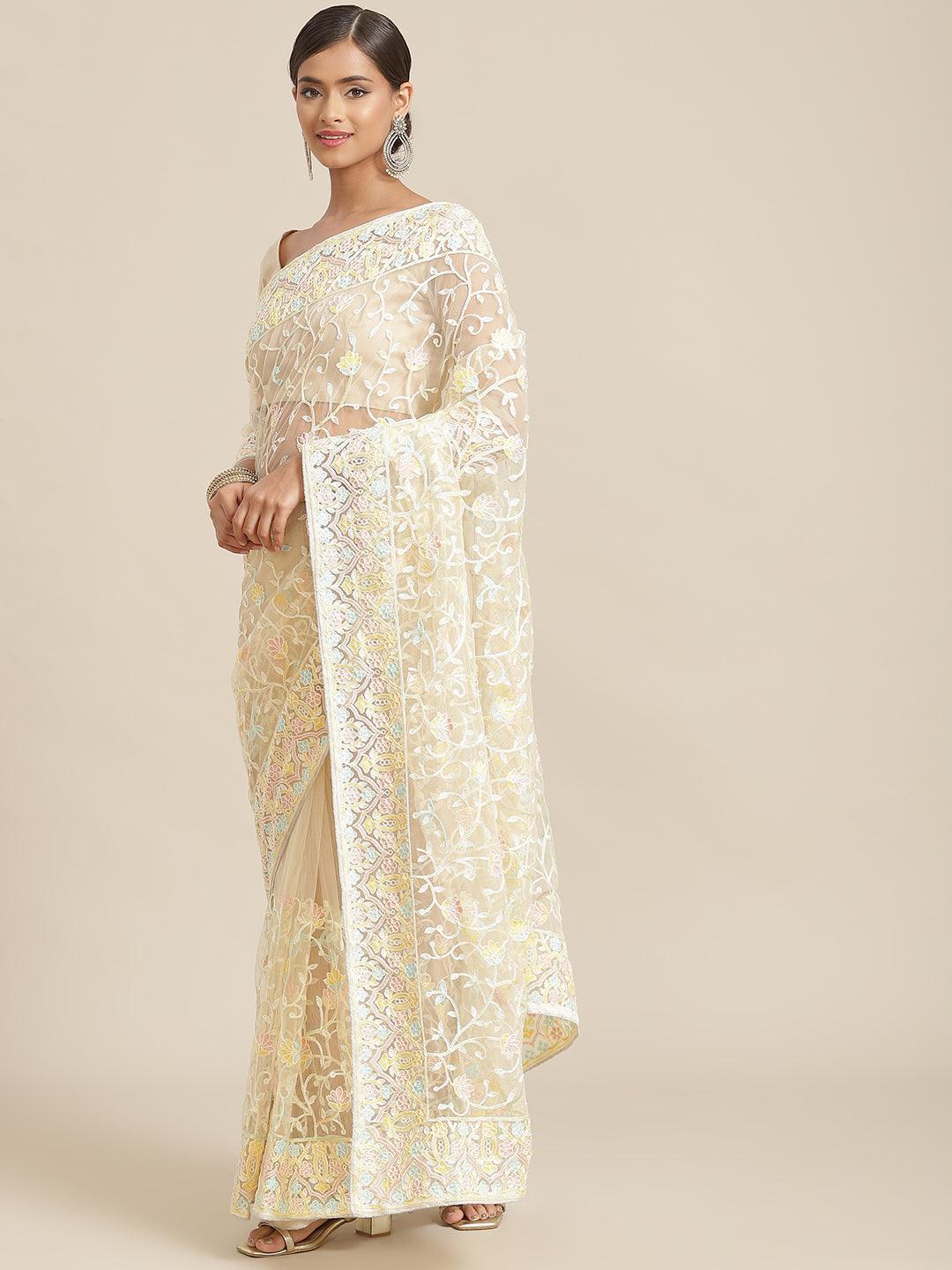 Wedding Wear Glaring Floral Embroidery Work On Light Yellow Net Saree - Indiakreations