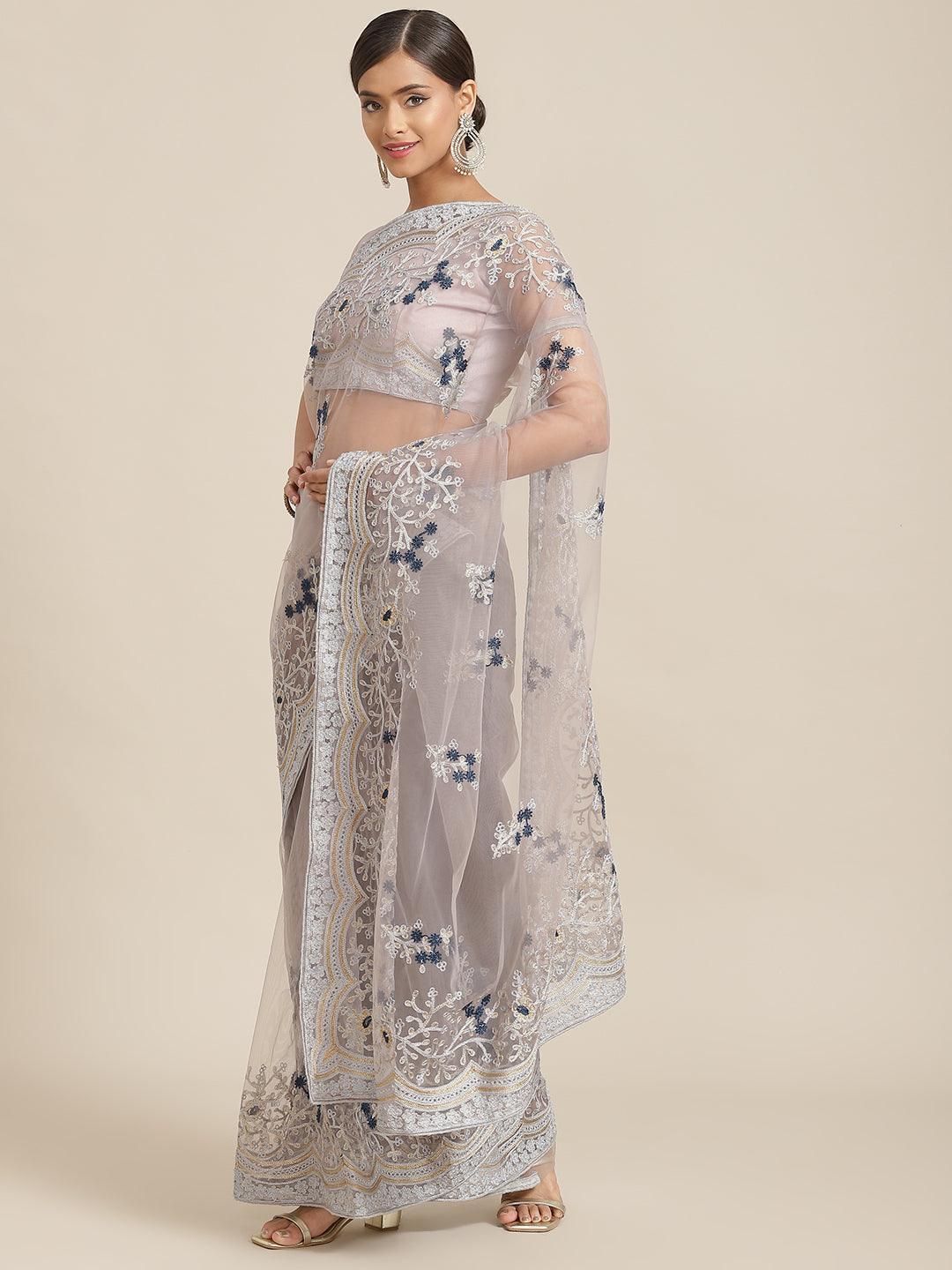 Designer Net Embroidered Saree In Grey With Matching Blouse - Indiakreations