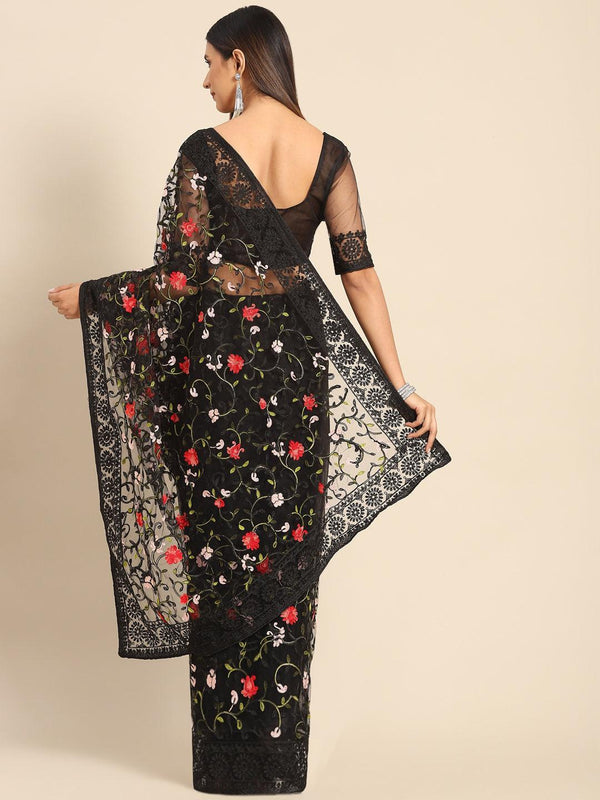 Latest Wedding Wear Embroidered Net Saree In Black With Blouse - Indiakreations