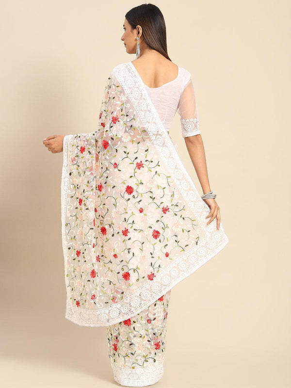 Beautiful Floral Embroidered Net Party Wear Saree In White - Indiakreations