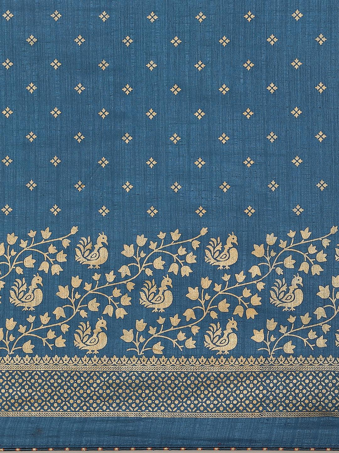 Stylish Vichitra Woven Design Printed Saree In Blue - Indiakreations