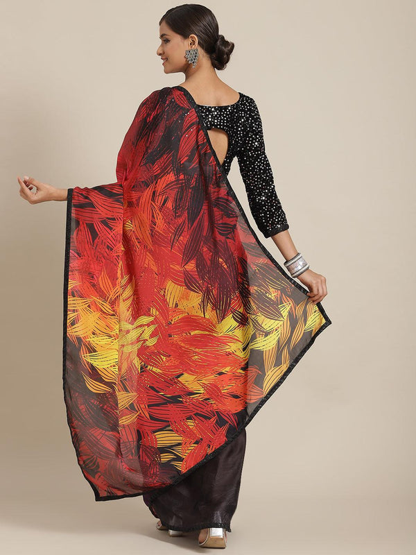 Beautiful Black Silk Floral Printed Saree With Blouse Piece - Indiakreations