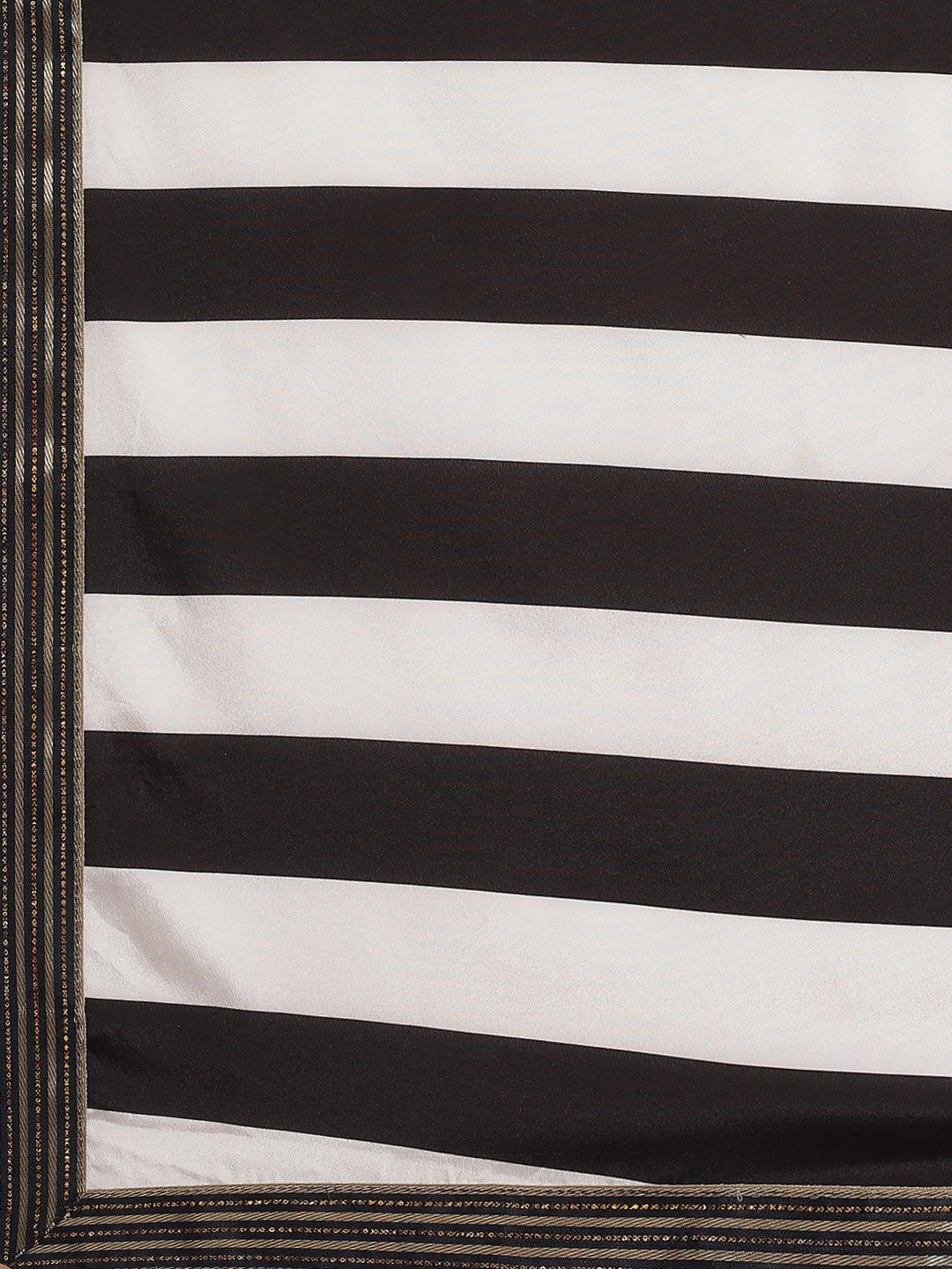 Trendy Black And White Silk Crepe Stripe Printed Saree - Indiakreations