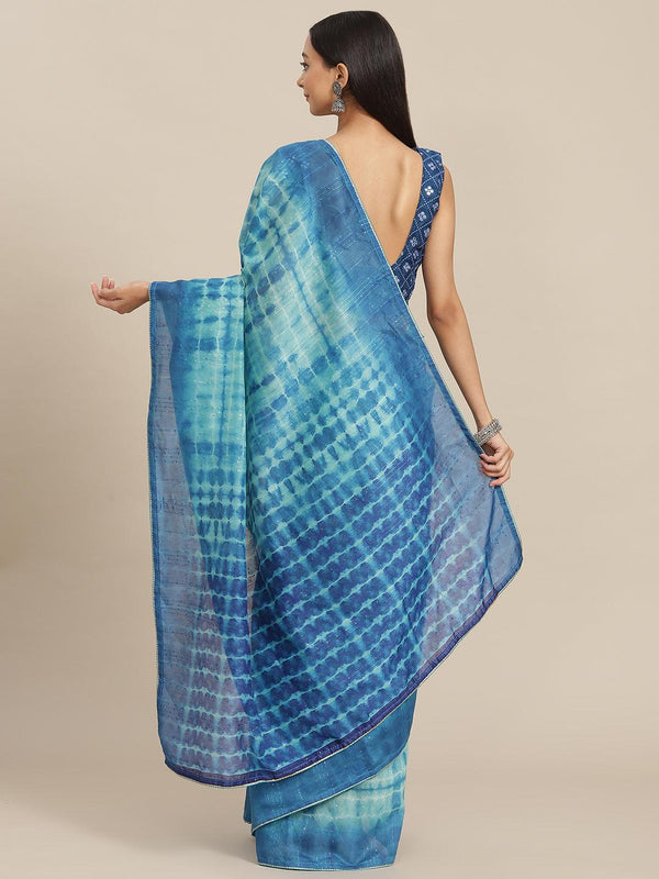 Gorgeous Sky Blue Poly Cotton Sequence Tie Dye Printed Saree - Indiakreations