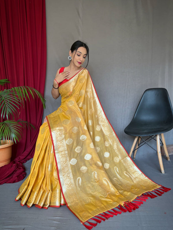 Women's Cotton Silk Woven Saree Gold Yellow - Tasarika