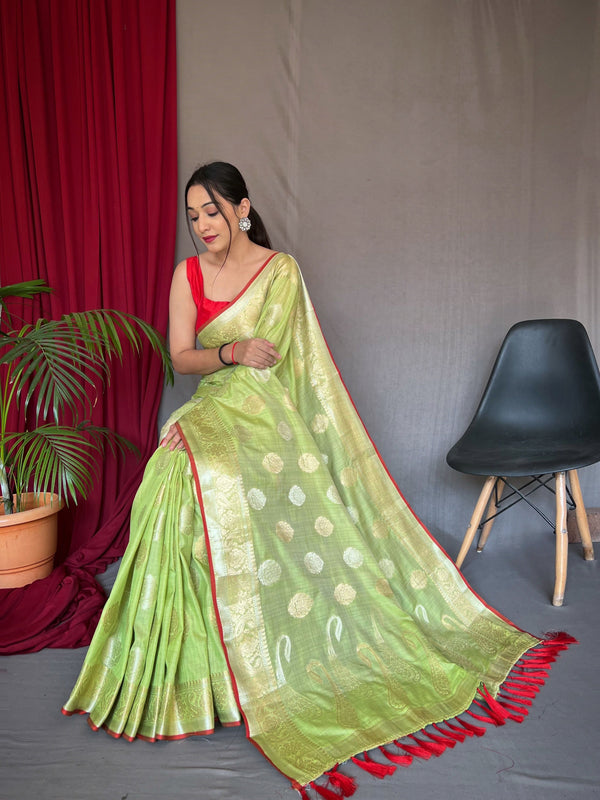 Women's Cotton Silk Woven Saree Green - Tasarika