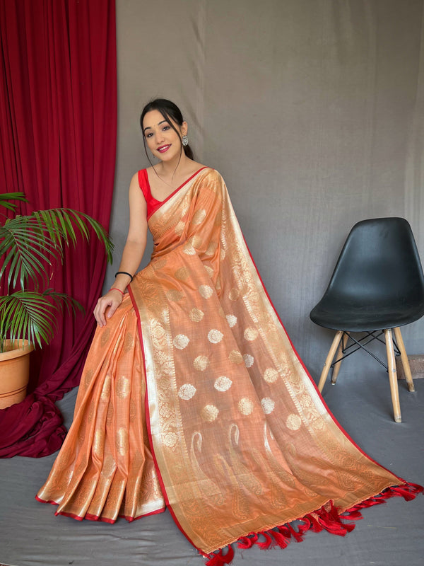 Women's Cotton Silk Woven Saree Peach - Tasarika