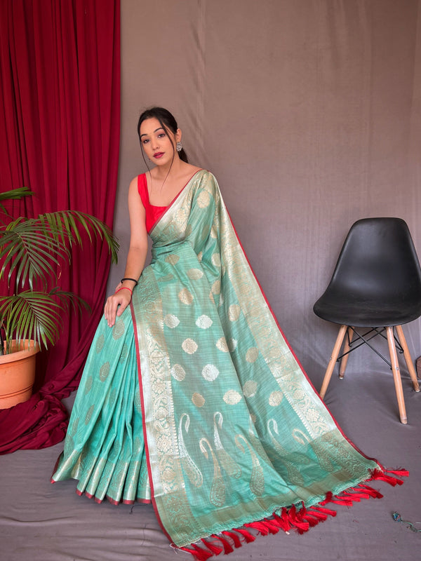 Women's Cotton Silk Woven Saree Sea Green - Tasarika