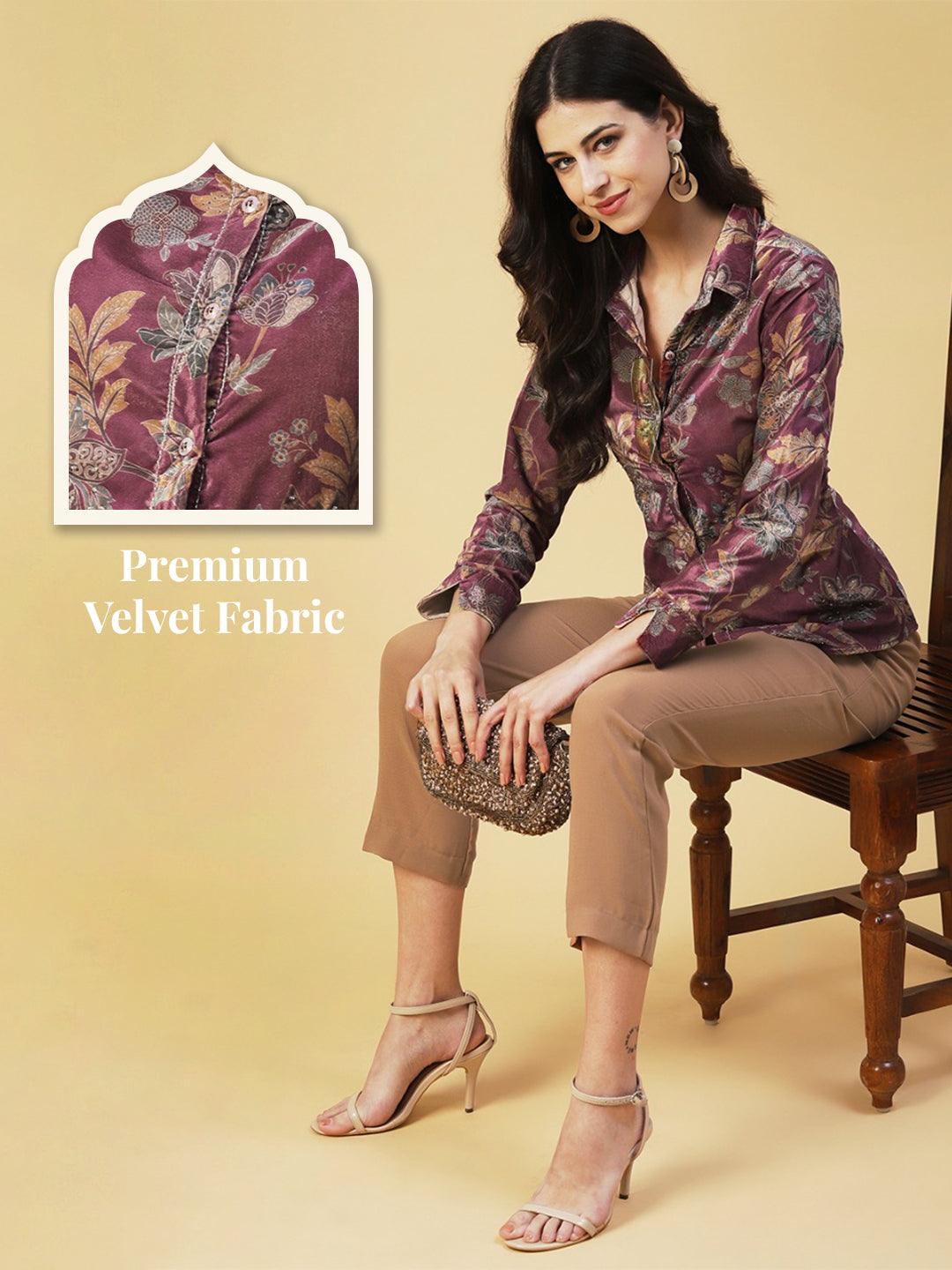 Floral Printed Beaded Shirt With Pants Set - Rose - Indiakreations