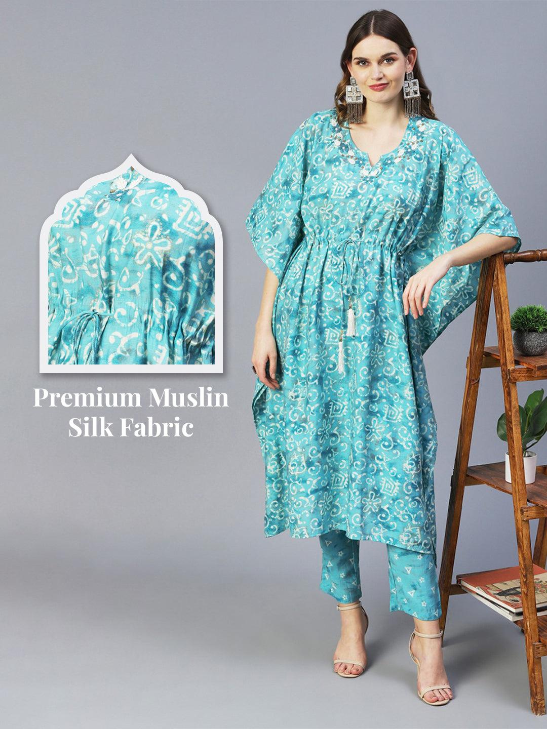 Batik Printed Beads Embellished Kaftan With Printed Pants - Turquoise Blue - Indiakreations